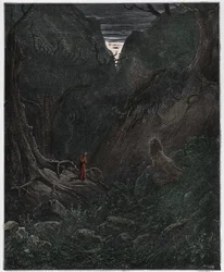 Inferno, Gesang 1: Der Löwe konfrontiert plötzlich Dante (Illustration aus Die Göttliche Komödie von Dante Alighieri, 1885)
